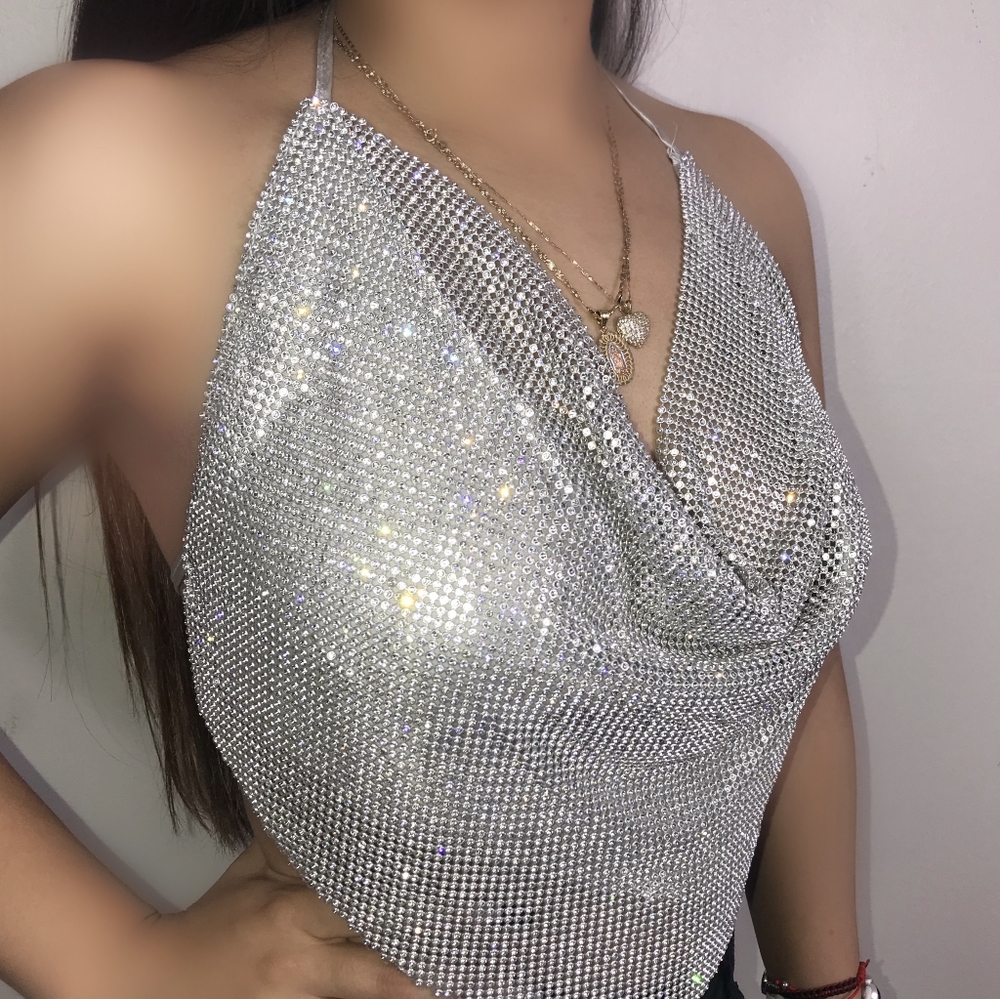 Rhinestone silver backless halter top - Picture 2 of 3